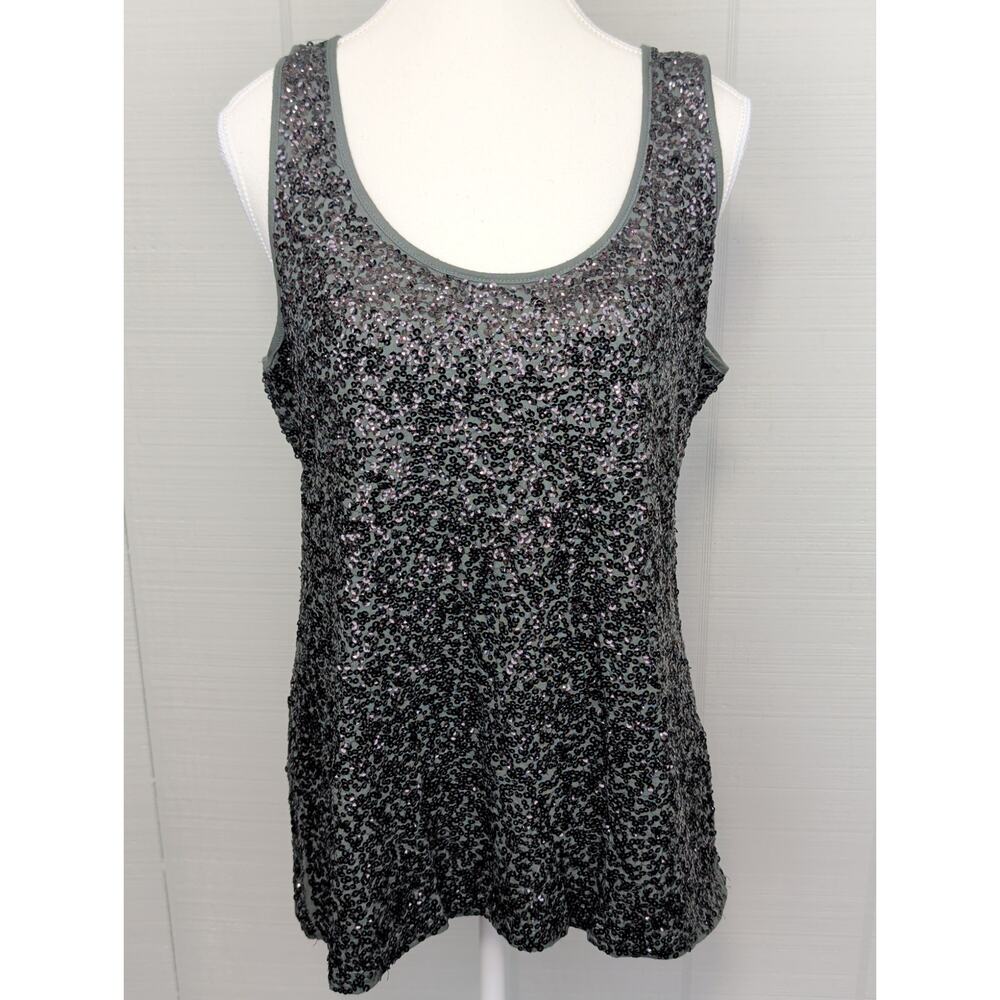J. Crew Womens AllOver Sequins Tank Top LG Green Cotton Black Sequins Sparkly